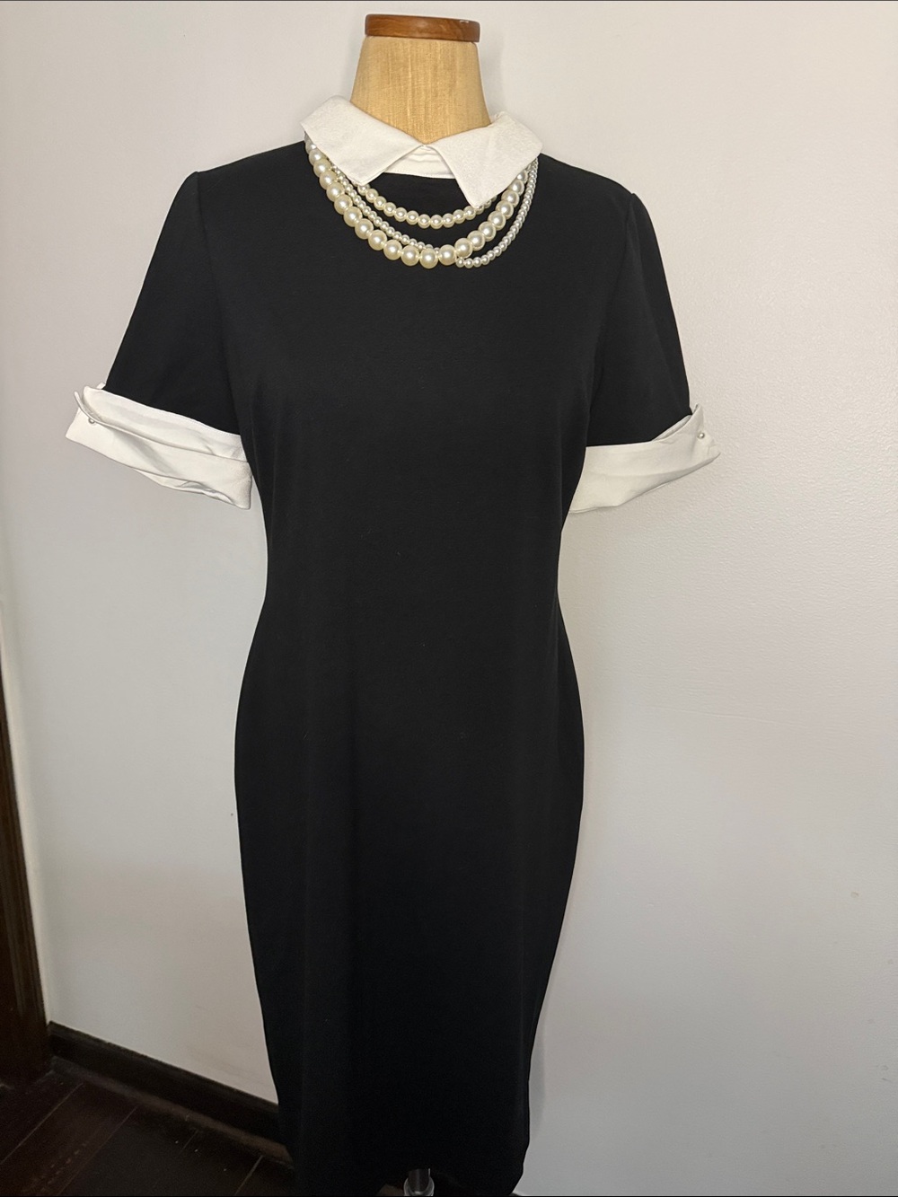 Karl Lagerfeld Black Midi Dress with White Collar